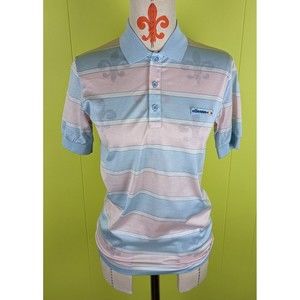 VTG Elesse Italy Men's Short Sleeve Polo Shirt Blue Pink Striped Sheer Chest 34"